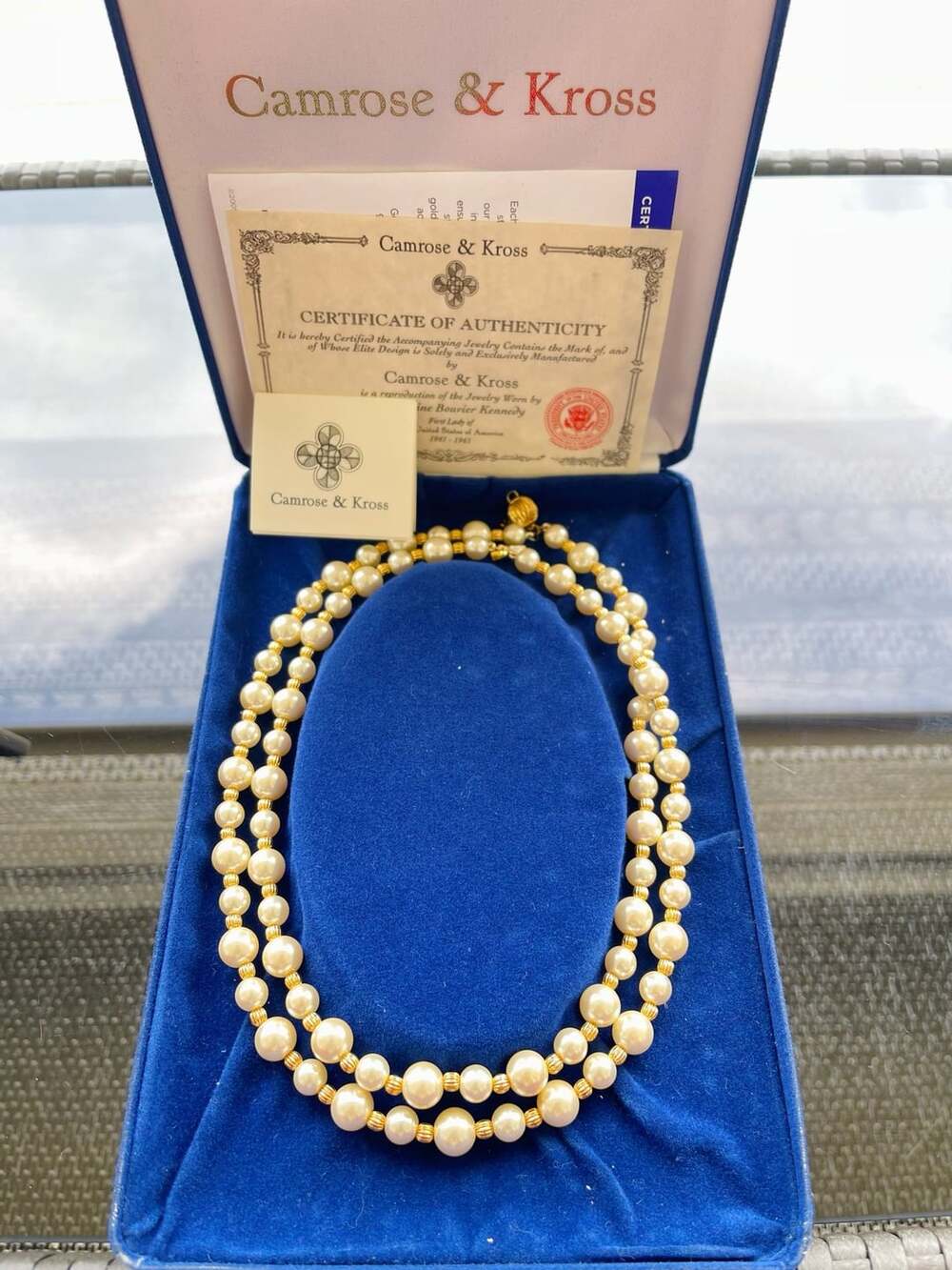 Camrose & Kross JBK Jacqueline Kennedy Double Strand Faux Pearl and Gold Tone Be